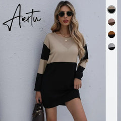 Women Winter Sweater Dresses, Women's Autumn Knitted Patchwork Pullovers Tunic Mini Dress. Aiertu