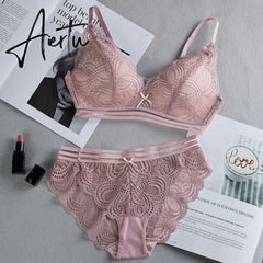 Women Wire Free Lace Bra Set Thin Bralette Panties Underwear Hollow Out Sexy Lingerie Bra Briefs Set Aiertu