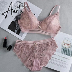 Women Wire Free Lace Bra Set Thin Bralette Panties Underwear Hollow Out Sexy Lingerie Bra Briefs Set Aiertu