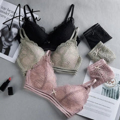 Women Wire Free Lace Bra Set Thin Bralette Panties Underwear Hollow Out Sexy Lingerie Bra Briefs Set Aiertu