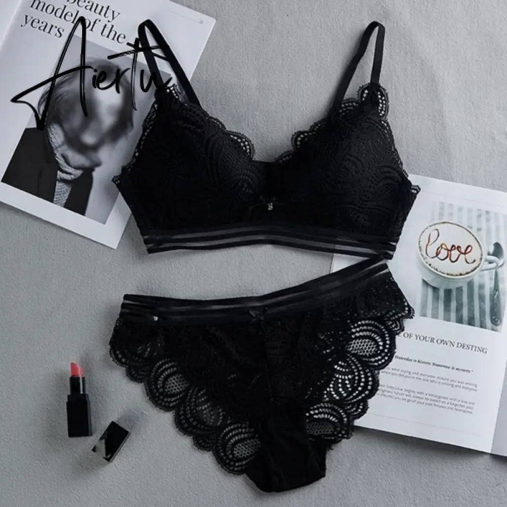 Women Wire Free Lace Bra Set Thin Bralette Panties Underwear Hollow Out Sexy Lingerie Bra Briefs Set Aiertu