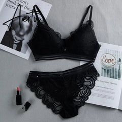 Women Wire Free Lace Bra Set Thin Bralette Panties Underwear Hollow Out Sexy Lingerie Bra Briefs Set Aiertu