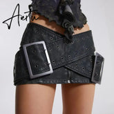 Women Y2K Sexy Mini Leather Skirt Dropped Low Waist PU Hot Skirt Aiertu