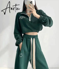 Women Y2k Tracksuit Sweatpants 2 Pieces Sets Womens Hoodies and Trousers Sports Suit Zip Crop Top Sweatshirts Pants Outfits Aiertu
