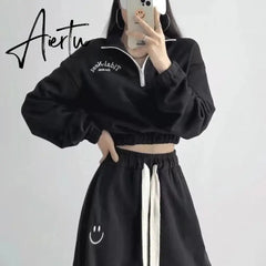 Women Y2k Tracksuit Sweatpants 2 Pieces Sets Womens Hoodies and Trousers Sports Suit Zip Crop Top Sweatshirts Pants Outfits Aiertu