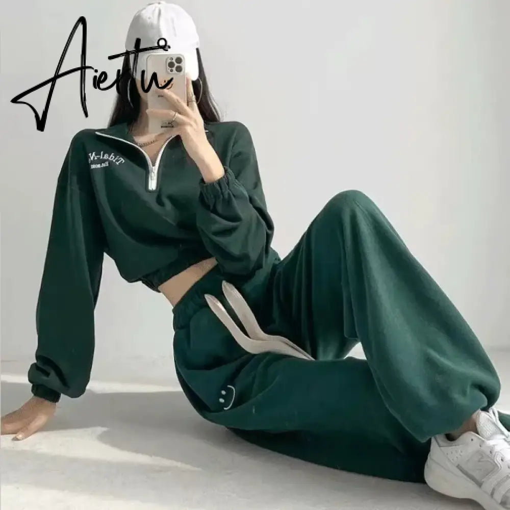 Women Y2k Tracksuit Sweatpants 2 Pieces Sets Womens Hoodies and Trousers Sports Suit Zip Crop Top Sweatshirts Pants Outfits Aiertu