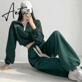Women Y2k Tracksuit Sweatpants 2 Pieces Sets Womens Hoodies and Trousers Sports Suit Zip Crop Top Sweatshirts Pants Outfits Aiertu