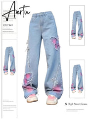 Women's Blue Butterfly Jeans Baggy Vintage Y2k Denim Trousers 2000s Harajuku Wide Leg Cowboy Pants Trashy 90s Aesthetic Clothes Aiertu