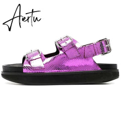 Women's Casual Metal Buckle Platform Sandals Lolita Shoes Thick-Soled Rivet New Cowhide Open-Toe Beach Vacation Flat Slippers Aiertu