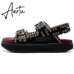 Women's Casual Metal Buckle Platform Sandals Lolita Shoes Thick-Soled Rivet New Cowhide Open-Toe Beach Vacation Flat Slippers Aiertu