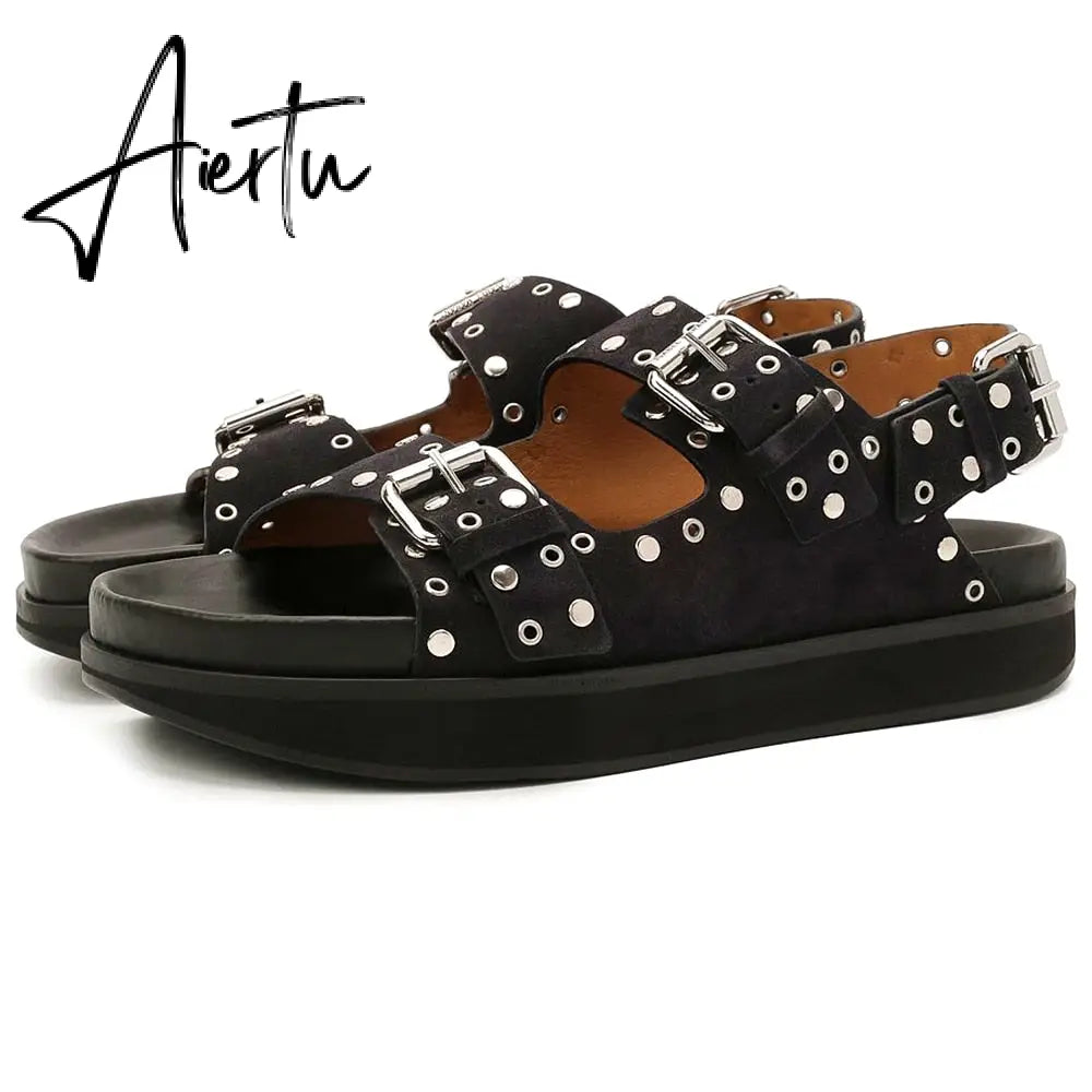 Women's Casual Metal Buckle Platform Sandals Lolita Shoes Thick-Soled Rivet New Cowhide Open-Toe Beach Vacation Flat Slippers Aiertu