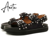 Women's Casual Metal Buckle Platform Sandals Lolita Shoes Thick-Soled Rivet New Cowhide Open-Toe Beach Vacation Flat Slippers Aiertu