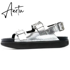 Women's Casual Metal Buckle Platform Sandals Lolita Shoes Thick-Soled Rivet New Cowhide Open-Toe Beach Vacation Flat Slippers Aiertu