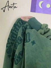 Womens Clothing Green Vintage Street Sweatshirt Hoodie Letter Printing Long Sleeves Casual Warm Oversize Baggy Ladies Tops Aiertu