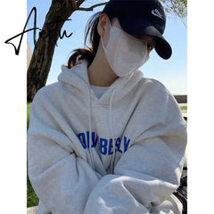 Womens Clothing Grey Vintage Street Sweatshirt Hoodie Letter Printing Long Sleeves Casual Warm Oversize Baggy Ladies Tops Autumn Aiertu