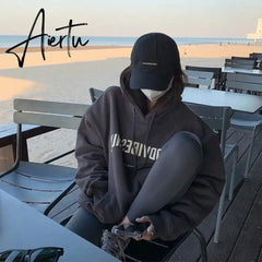 Womens Clothing Grey Vintage Street Sweatshirt Hoodie Letter Printing Long Sleeves Casual Warm Oversize Baggy Ladies Tops Autumn Aiertu