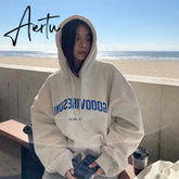 Womens Clothing Grey Vintage Street Sweatshirt Hoodie Letter Printing Long Sleeves Casual Warm Oversize Baggy Ladies Tops Autumn Aiertu