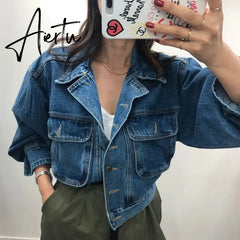 Women's Denim Jacket Short Fashion Loose Wild Puff Sleeve Chic Pocket Denim Coat Outwear Streetwear Jeans Jackets Aiertu