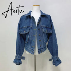 Women's Denim Jacket Short Fashion Loose Wild Puff Sleeve Chic Pocket Denim Coat Outwear Streetwear Jeans Jackets Aiertu