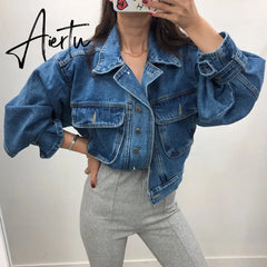 Women's Denim Jacket Short Fashion Loose Wild Puff Sleeve Chic Pocket Denim Coat Outwear Streetwear Jeans Jackets Aiertu