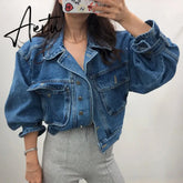 Women's Denim Jacket Short Fashion Loose Wild Puff Sleeve Chic Pocket Denim Coat Outwear Streetwear Jeans Jackets Aiertu