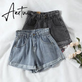 Women's denim shorts new high-waist shorts women casual loose ladies fashion large size elastic waist wide-leg short jeans Aiertu