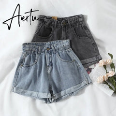 Women's denim shorts new high-waist shorts women casual loose ladies fashion large size elastic waist wide-leg short jeans Aiertu