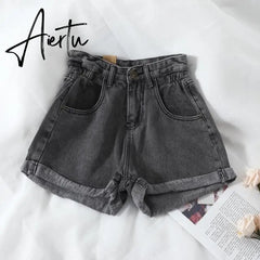 Women's denim shorts new high-waist shorts women casual loose ladies fashion large size elastic waist wide-leg short jeans Aiertu