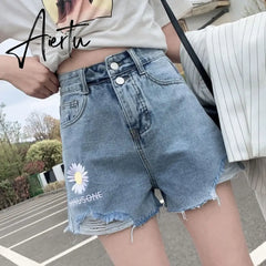Women's denim shorts new high-waist shorts women casual loose ladies fashion large size elastic waist wide-leg short jeans Aiertu