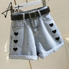Women's denim shorts new high-waist shorts women casual loose ladies fashion large size elastic waist wide-leg short jeans Aiertu