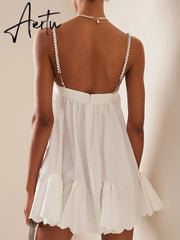 Women's Dress Sexy Chain Fold Slip Ruffle Tube Tops Mini Sleeveless Female Dresses Summer Fashion Solid Ladies Aiertu