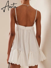 Women's Dress Sexy Chain Fold Slip Ruffle Tube Tops Mini Sleeveless Female Dresses Summer Fashion Solid Ladies Aiertu