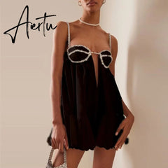 Women's Dress Sexy Chain Fold Slip Ruffle Tube Tops Mini Sleeveless Female Dresses Summer Fashion Solid Ladies Aiertu