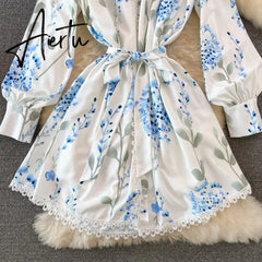 Women's Elegant Blue Floral Lantern Sleeve Knee Length A Line Dress Spring Summer Lady Sweet O Neck Single Breasted Dress Aiertu