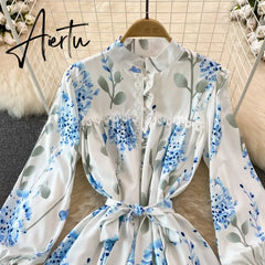 Women's Elegant Blue Floral Lantern Sleeve Knee Length A Line Dress Spring Summer Lady Sweet O Neck Single Breasted Dress Aiertu