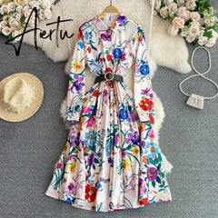 Women's Elegant Long Sleeve Floral Shirt Dress Spring Autumn Single Breasted Long Dress Lady Streetwear Holiday Aiertu