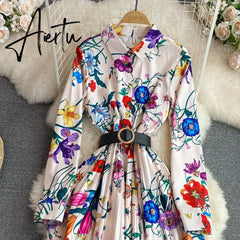 Women's Elegant Long Sleeve Floral Shirt Dress Spring Autumn Single Breasted Long Dress Lady Streetwear Holiday Aiertu