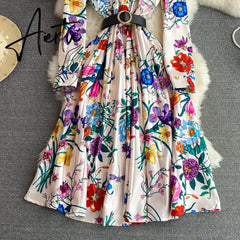 Women's Elegant Long Sleeve Floral Shirt Dress Spring Autumn Single Breasted Long Dress Lady Streetwear Holiday Aiertu