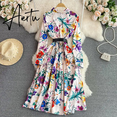 Women's Elegant Long Sleeve Floral Shirt Dress Spring Autumn Single Breasted Long Dress Lady Streetwear Holiday Aiertu