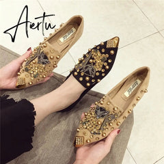 Women's Flat Pointed Toe Closed Loafers Backless Mules SLip-on Slippers Metal Designer Shoes Low Heel Casual Ladies Shoes Balle Aiertu