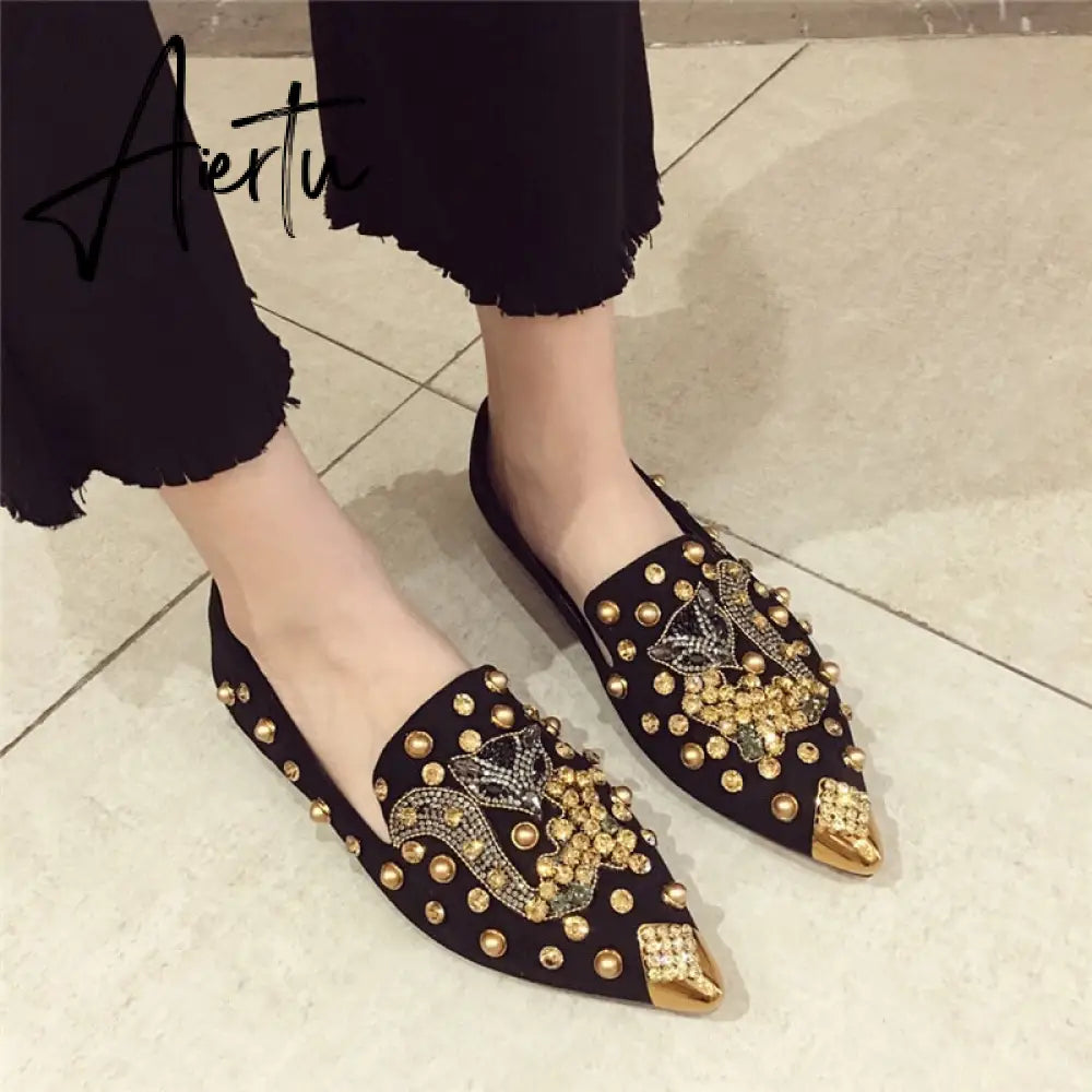 Women's Flat Pointed Toe Closed Loafers Backless Mules SLip-on Slippers Metal Designer Shoes Low Heel Casual Ladies Shoes Balle Aiertu