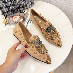 Women's Flat Pointed Toe Closed Loafers Backless Mules SLip-on Slippers Metal Designer Shoes Low Heel Casual Ladies Shoes Balle Aiertu