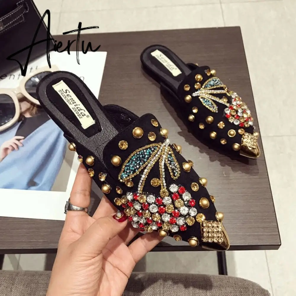 Women's Flats Pointed Toe Loafers Slip-on Mules Ballet Slippers Wedding Platform Casual Female Shoes Metal Luxury Shoes Ladies Aiertu