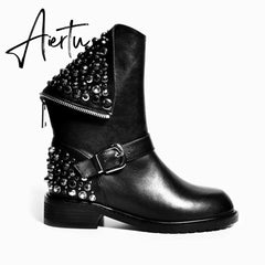 Women's Genuine Leather ankle boots big size fit for 22-28cm length feet Autumn and winter warm short boots Short plush lining Aiertu