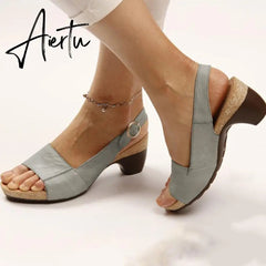 Women's Gladiator Sandals Buckle Strap Woman Chunky Heels Peep Toe Ladies Casual Shoes Female Summer Autumn Fashion Sandals Aiertu