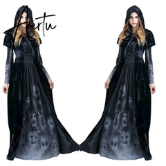 Womens Halloween Witch Hooded Cloak Dress Scary Ghost Souls Printed Vampire Skull Cosplay Costume Stage Performance Party Aiertu