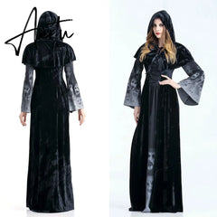 Womens Halloween Witch Hooded Cloak Dress Scary Ghost Souls Printed Vampire Skull Cosplay Costume Stage Performance Party Aiertu
