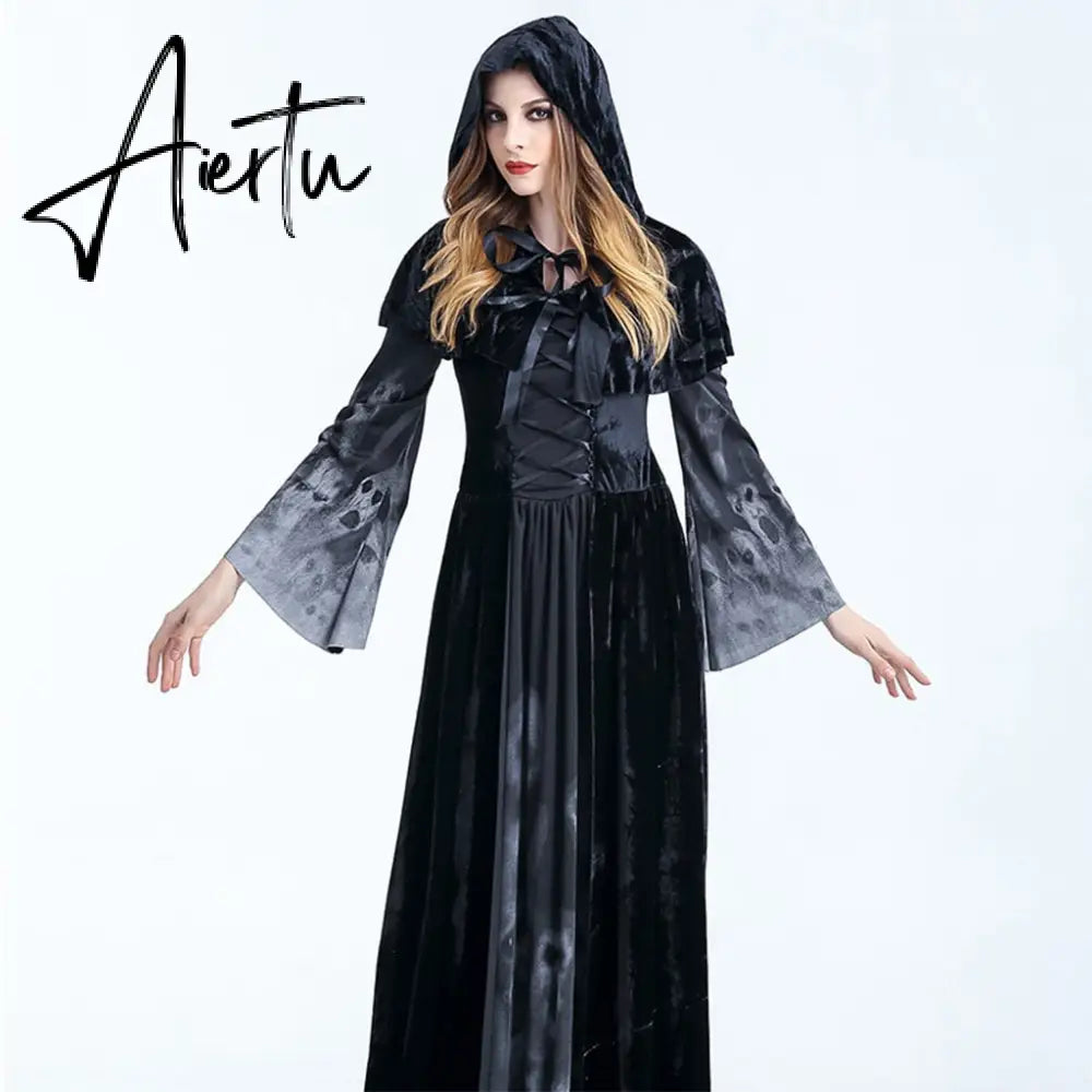 Womens Halloween Witch Hooded Cloak Dress Scary Ghost Souls Printed Vampire Skull Cosplay Costume Stage Performance Party Aiertu