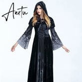 Womens Halloween Witch Hooded Cloak Dress Scary Ghost Souls Printed Vampire Skull Cosplay Costume Stage Performance Party Aiertu