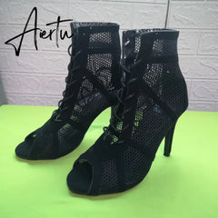 Women's High Top Dance Shoes Black Ballroom Boots Salsa Tango Shoes Girl Fashion Party Mesh Cutout High Heel Sandals Summer Aiertu